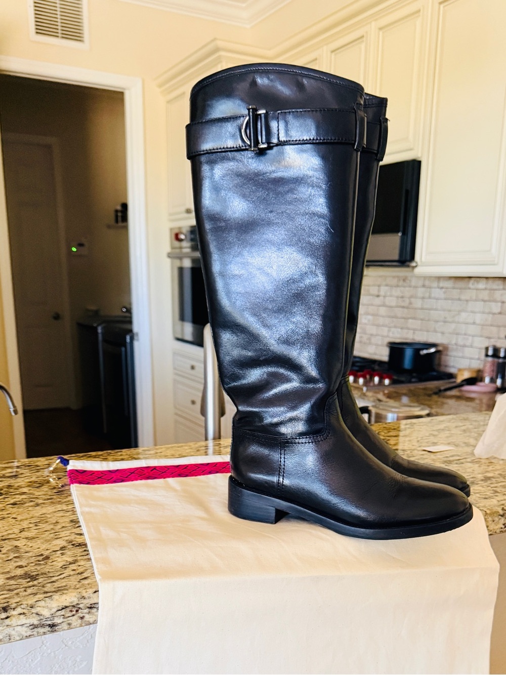 Tory Burch Grace Tall Knee High Riding Boots Belted Top Sz 7.5 Box & Dust Bag!!